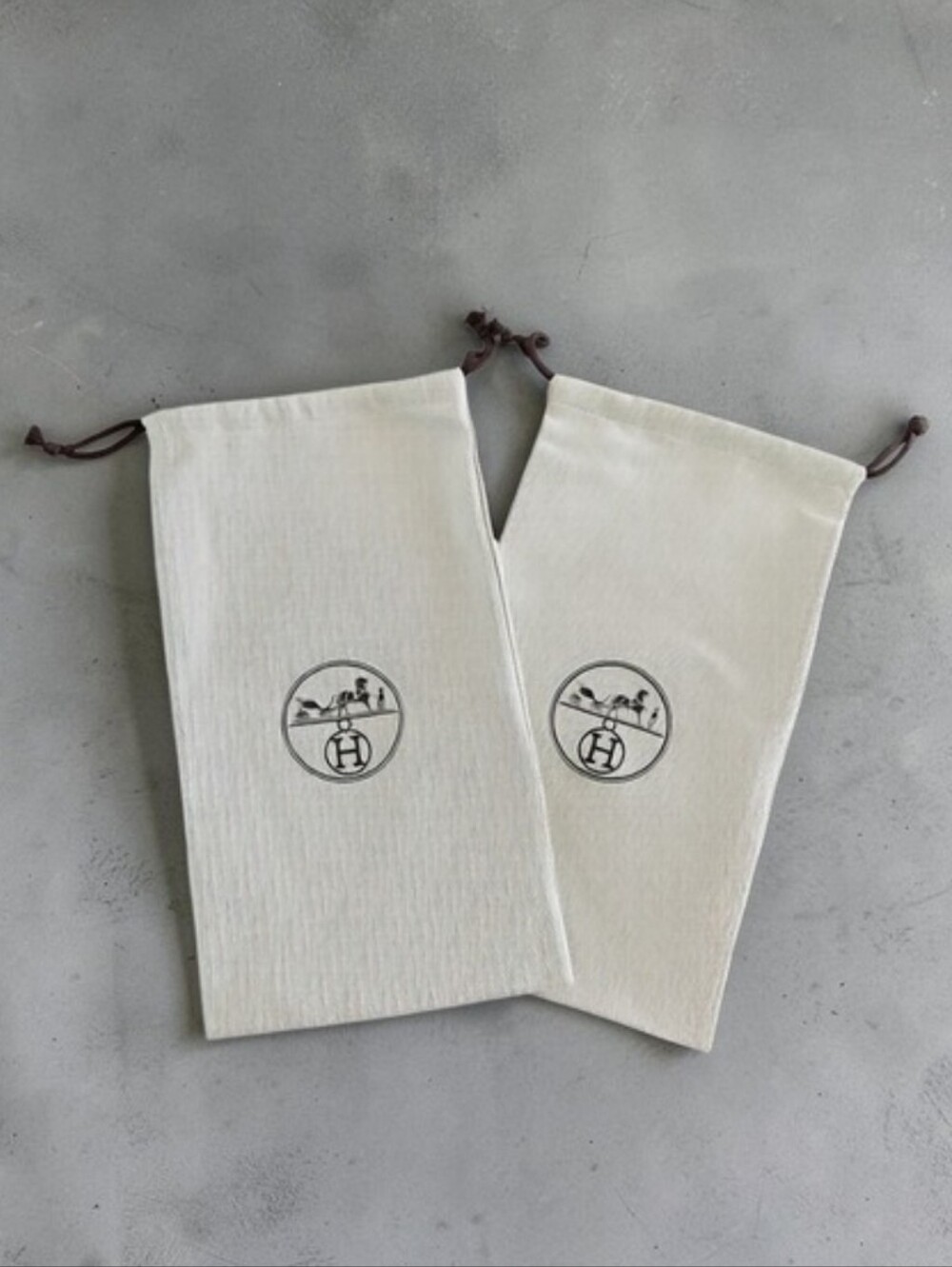 Hermes Herringbone Canvas Tweed Drawstring Storage Dust Bag Set Of Two